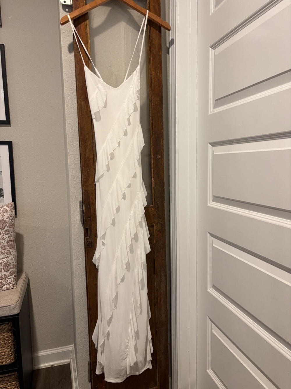 White Ruffle Slip Maxi Dress with Asymmetric Tiers